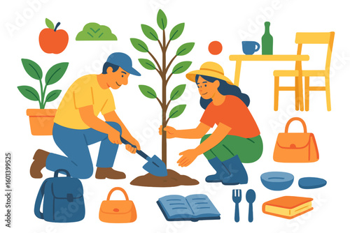 Illustration of a green and nature-friendly lifestyle, featuring an eco-friendly concept with sustainable waste management and reduced garbage consumption on a transparent background