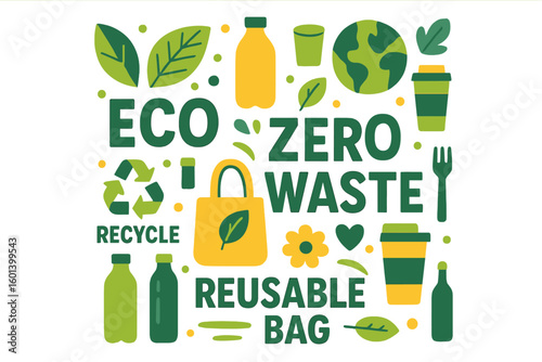 Eco-friendly motivational vector design featuring zero waste elements and inspirational lettering