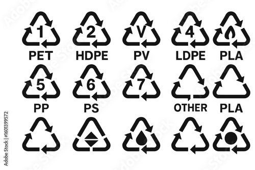 Isolated vector illustration set of recycle plastic codes on a white background