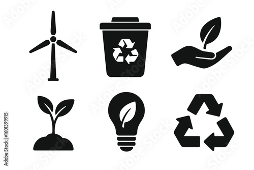 A charming doodle icon collection that advocates for environmentally responsible concepts such as recycling, renewable energy, conservation, and affection for the earth
