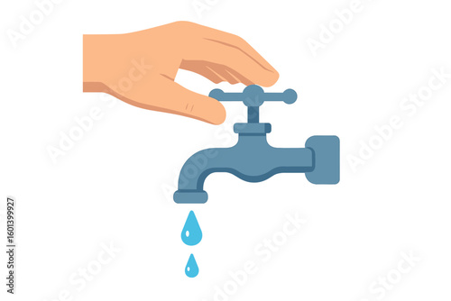 Vector illustration of a hand with a faucet, conveying the concept of saving water by slowing the flow, turning the tap on and off, and protecting natural resources through environment conservation