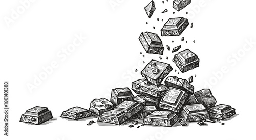 Vintage ink sketch of chocolate pieces falling down, hand-drawn black and white illustration, vector engraving or woodcut

