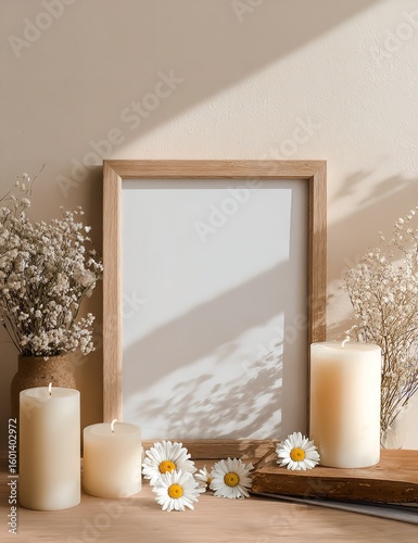 Light Wooden A4 Frame Mockup on Table Surrounded by White Candles and Daisies Against Soft Pastel Beige Background