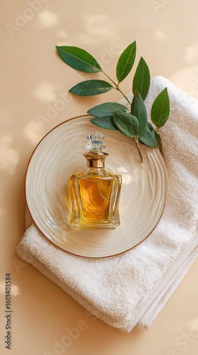 Top-Down View of Skincare Oil Bottle Surrounded by Towels and Leaves on Soft Pink Surface – Minimalist Beauty Product Layout
