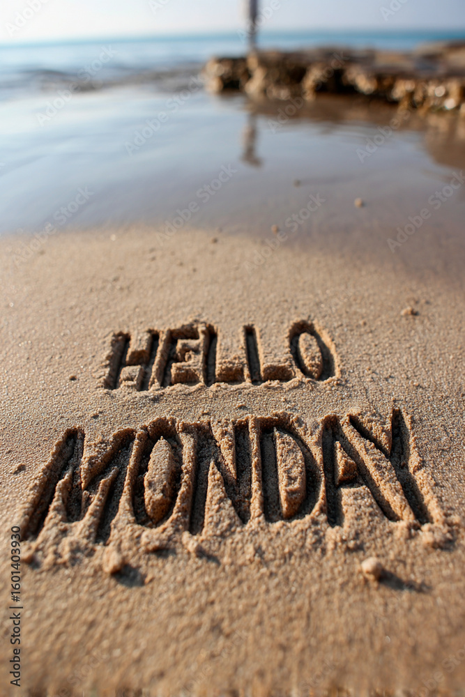 Fototapeta premium HELLO MONDAY Handwritten in Wet Sand with Soft Grain and Motivational Energy for Posters