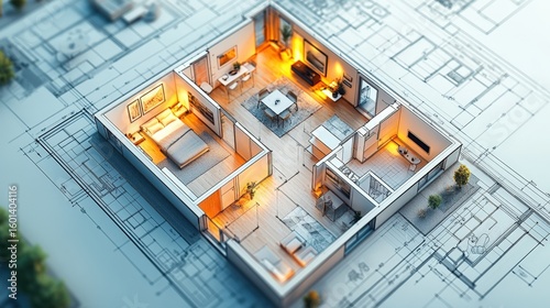 Modern home interior with warm lighting, bedroom, living area, and kitchen, overlaid on architectural blueprint floor plan