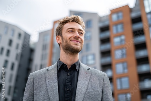 Confident Real Estate Agent in Suit Standing Before Modern Apartment Building — Looking Up and Smiling Outdoors