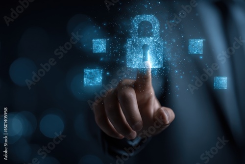 Glowing padlock illustration with a hand reaching out to touch the security symbol on transparent background