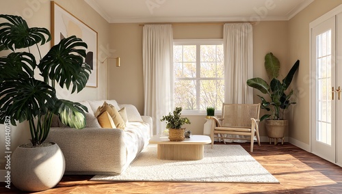 Cozy Living Room with Beige Walls, White Curtains, Wooden Floor, and Monstera Plant — Sunlit Interior Design Scene