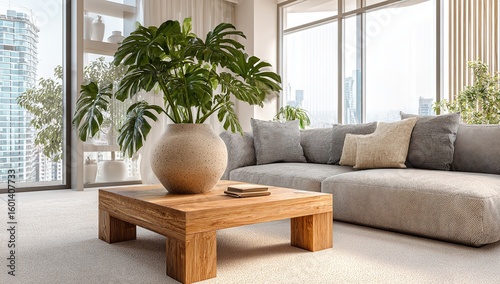 Cozy Living Room with Beige Walls, White Curtains, Wooden Floor, and Monstera Plant — Sunlit Interior Design Scene