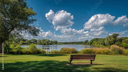 Serene Lakeside Park with Green Grass, Trees, Bench, and Clear Blue Sky — Peaceful Nature Scene with Open Picnic Area