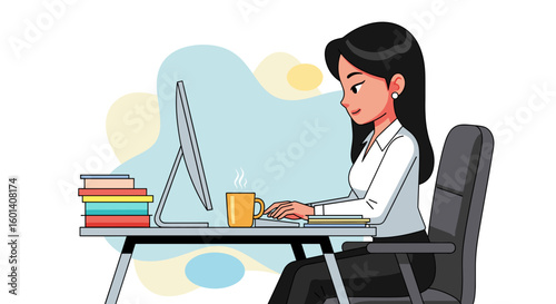 Young businesswoman working at her desk, perfect for websites, blogs, or presentations about work-life balance.