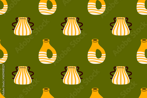Vintage-inspired pattern featuring yellow striped vases and green pottery jugs on dark green background