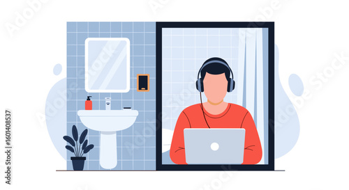 Person working on laptop in bathroom, perfect for articles about remote work, work-life balance, or modern living.