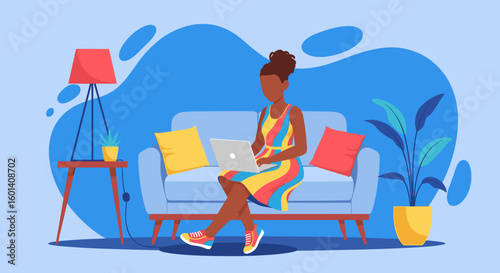 Woman working from home on laptop, perfect for website banners or blog posts about remote work.