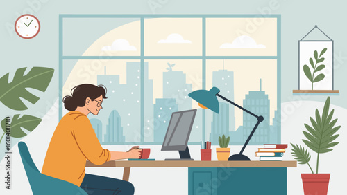 Woman working from home office with city view, perfect for remote work blogs and articles.