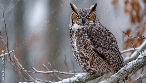 Great Horned Owl Perched on Branch in Winter — Showcasing Distinctive Features and Long Legs in Natural Setting