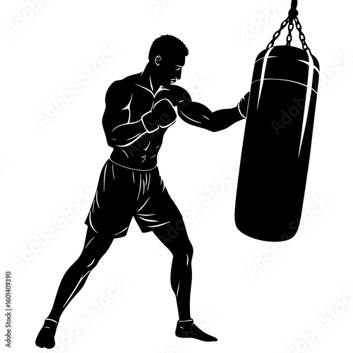 Boxer punching heavy bag training sport fitness silhouette vector illustration