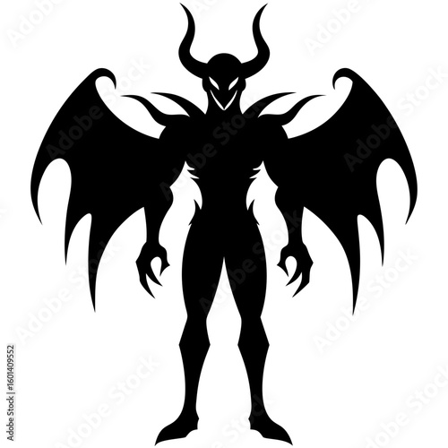 Dark winged demon monster full body standing silhouette vector illustration