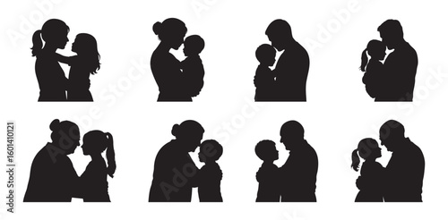 Set of adult and child black silhouettes hugging each other on white background. Concept of family love, emotional support, intergenerational bonding, care illustration, togetherness, embrace