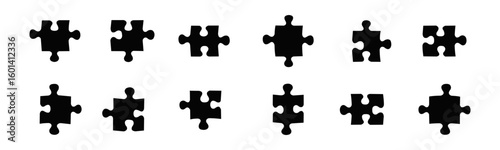 Black puzzle pieces vector set. Different shapes of black puzzle pieces displayed in a grid layout on a white surface.