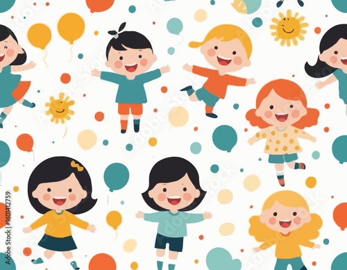 Cute Kids Vector Illustration – Happy Children Playing and Smiling
