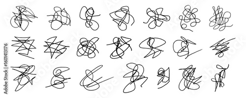 Set of chaotic scribble shapes in black. Collection of hand-drawn abstract doodle elements. Creative design element for expressing confusion, stress, or brainstorming concept