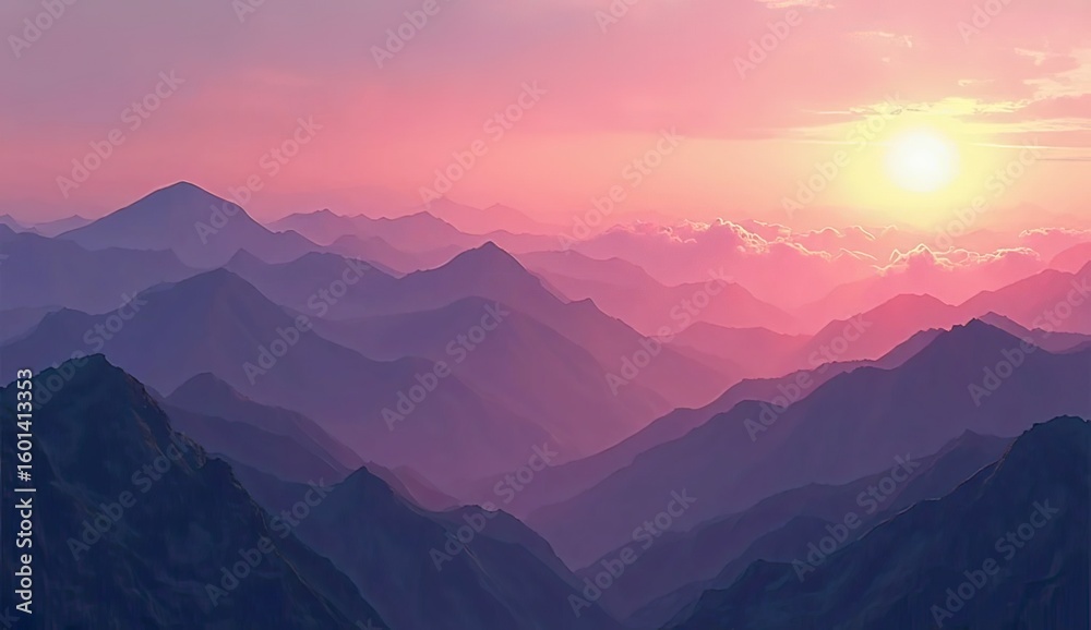 Fototapeta premium Layered Mountain Ridges at Sunset with Pink and Purple Hues