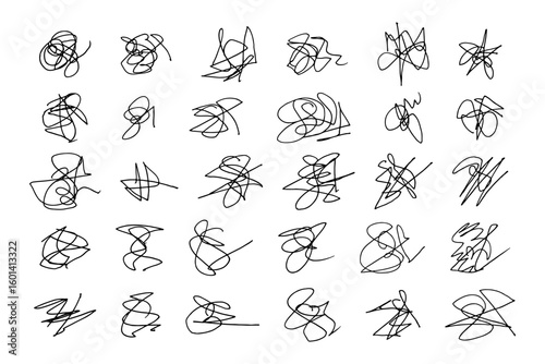 Large collection of messy scribble lines in black. Hand-drawn abstract tangle shapes for creative design. Confusion, stress and brainstorming concept
