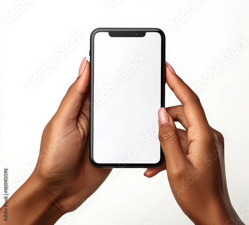 Close-Up of Black Woman's Hands Operating Smartphone Against a White Background