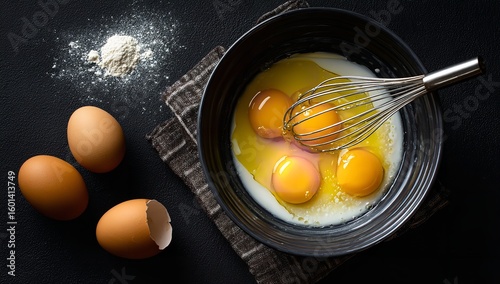 Top View of Eggs and Milk in Bowl with Whisking Tools — Yellow Egg Yolks Being Mixed on Dark Background for Baking