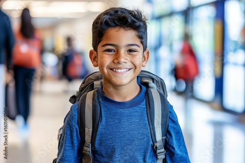 Joyful Hispanic Boy Smiling in School Classroom