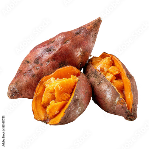 Three sweet potatoes, two halved to reveal their vibrant orange flesh, showcasing the delicious and healthy nature of the food