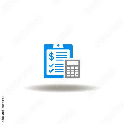 Vector illustration of checklist with dollar currency and calculator. Symbol of cost estimate. Icon of accounting.
