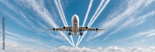 Dramatic airplane flying overhead against beautiful sky with visible contrails, creating a sense of scale on transparent background