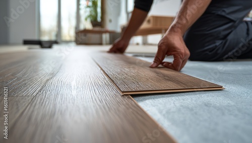 Worker Installing Luxury Vinyl Flooring in Apartment — Close-Up on Wooden Texture and Panel Detail During Installation