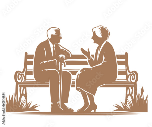 楽しく会話をする老夫婦のシルエットイラスト