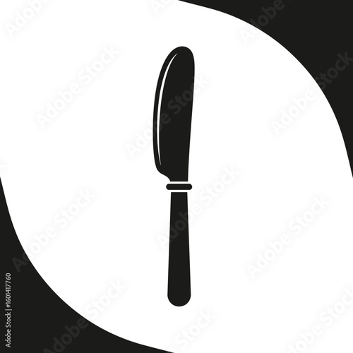 Black butter knife silhouette on white circle with black background.