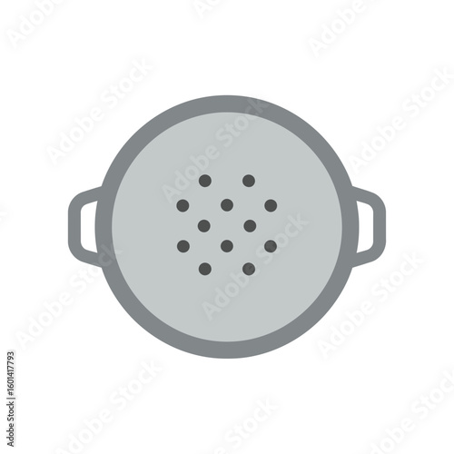 Gray colander with holes and handles isolated on white background simple illustration.