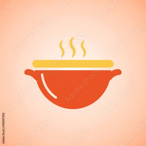Illustration of a steaming pot with handles on a gradient background.