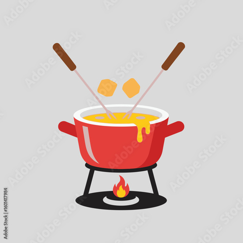 Red fondue pot with cheese on a burner and forks with food.