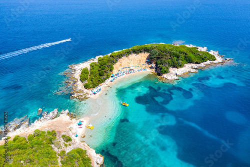 View of Bora Bora beach in Ksamil, Albanian Riviera. Ksamil islands are located near the Saranda, Albania.