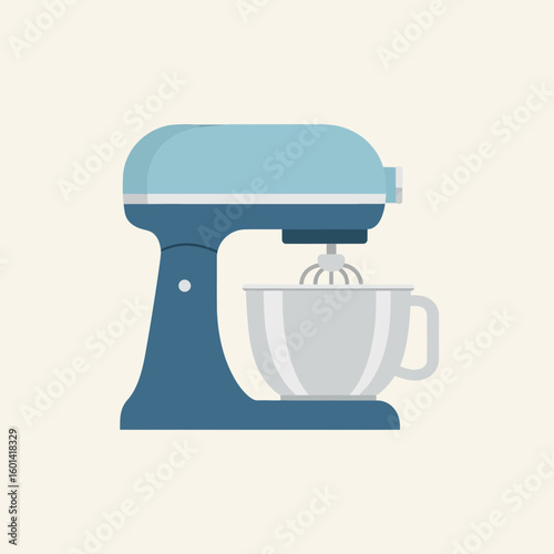 A blue stand mixer with a bowl and whisk attachment on a beige background.