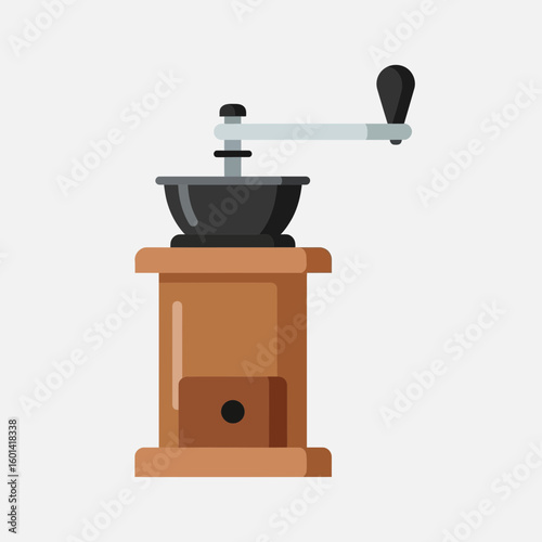 Illustration of a brown wooden coffee grinder with a black hopper and handle.