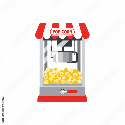 Popcorn machine with red and white striped awning and yellow popcorn inside.