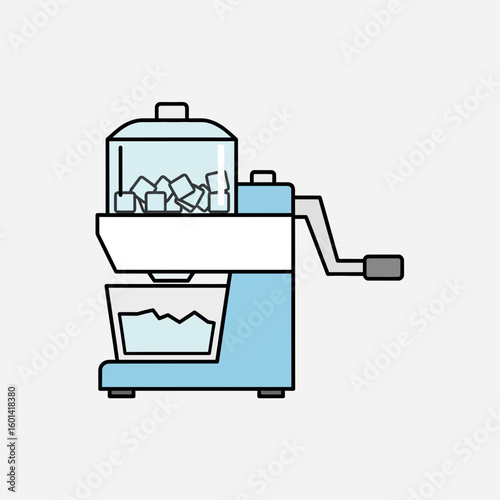 Blue and white ice crusher machine with ice inside and in bowl.