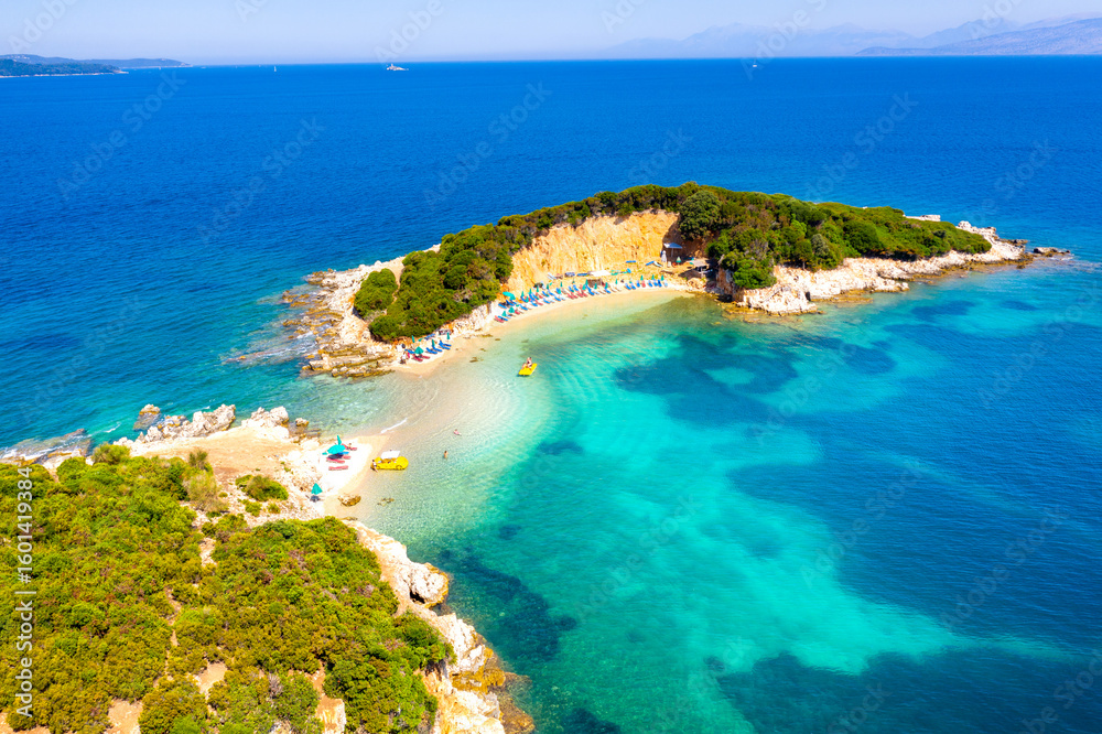 Naklejka premium View of Bora Bora beach in Ksamil, Albanian Riviera. Ksamil islands are located near the Saranda, Albania.