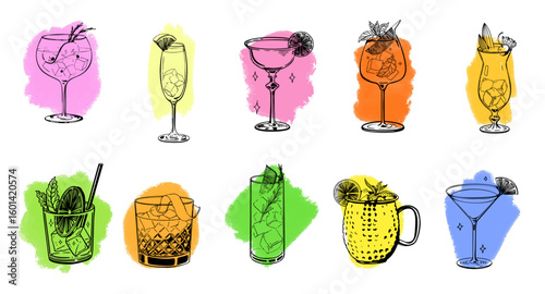 Colorful hand drawn cocktail collection of various drinks in unique glasses with citrus garnishes herbs ice cubes and decorative backgrounds sketch style vector illustration for bar and summer themes