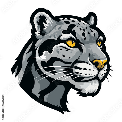 Snow leopard head design featuring piercing yellow eyes and detailed fur patterns highlighting its majestic appearance
