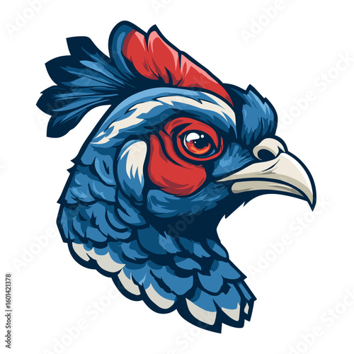 Colorful close-up of a majestic bird head showcasing blue and red feathers in a vivid design